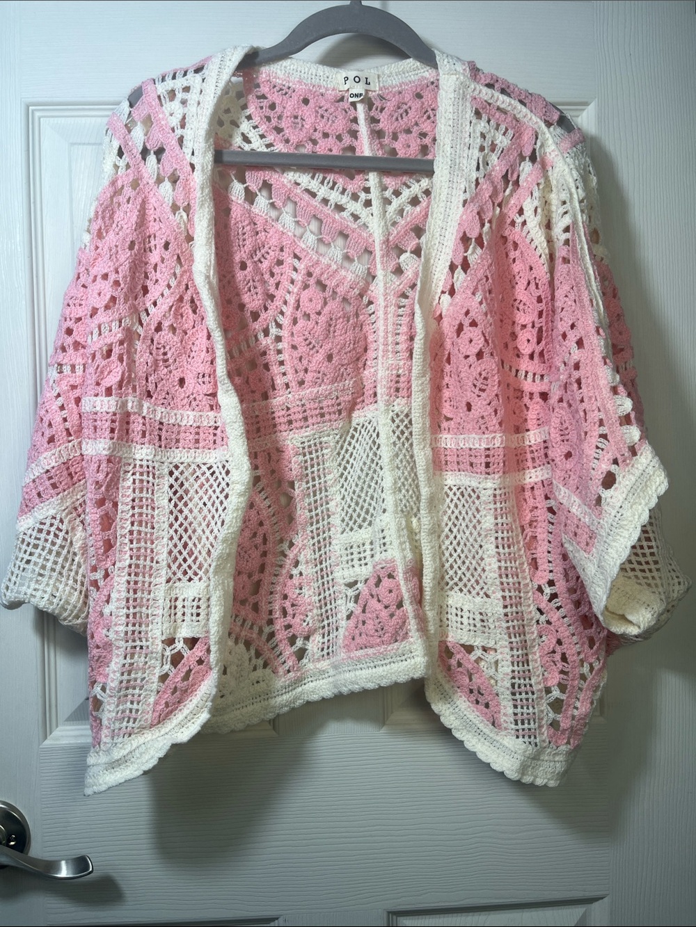 POL Pink and White Crochet Open-Front Kimono -NWOT